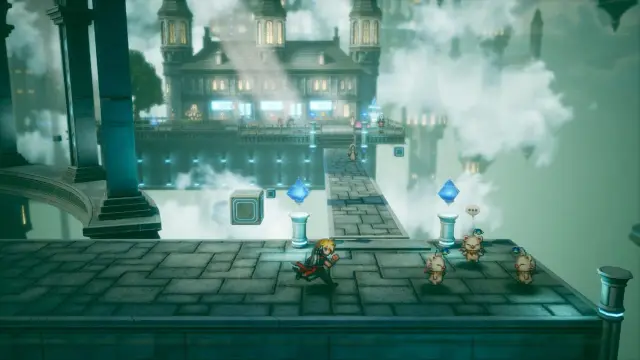 Moogles and blue crystals in an HD-2D city above the clouds
